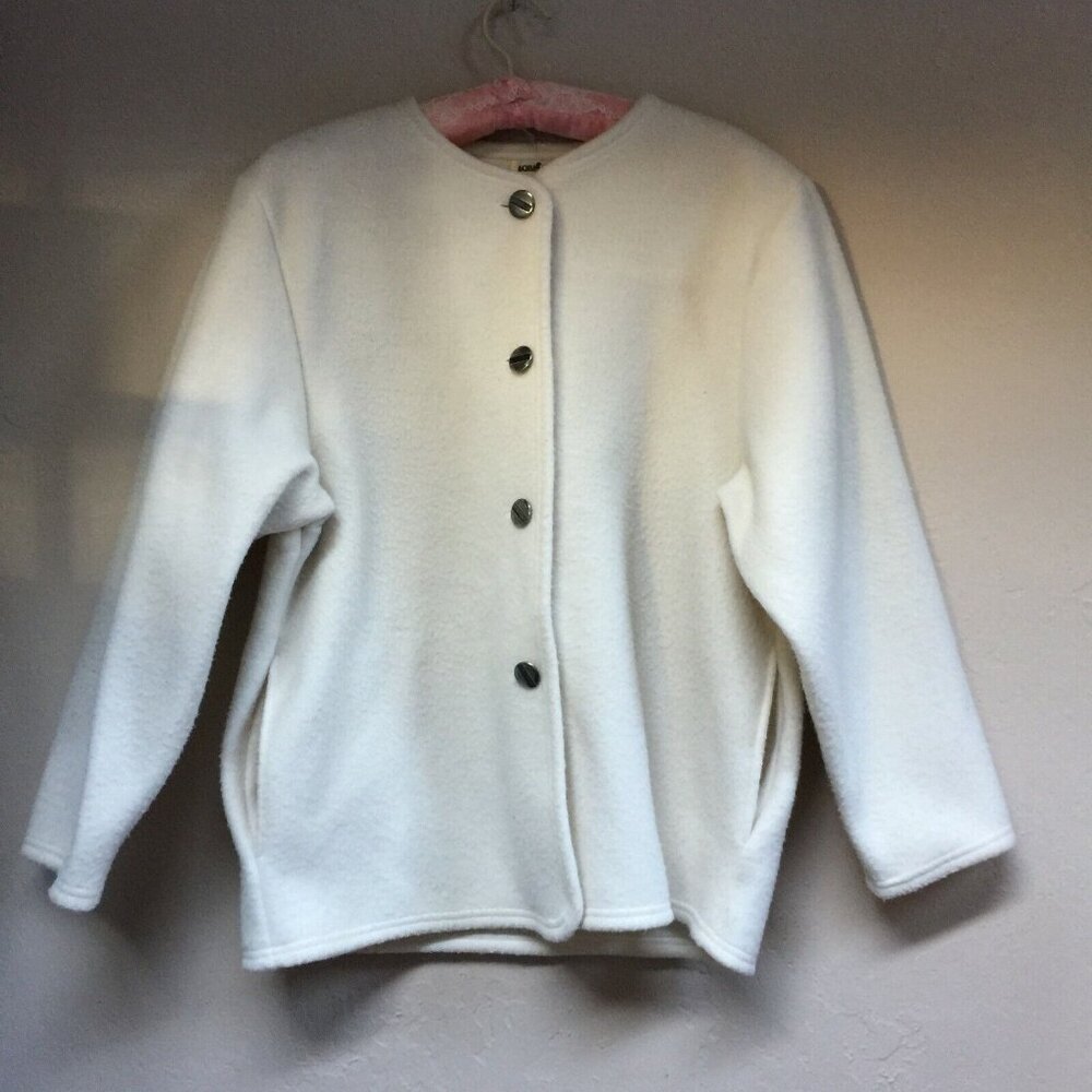 Vintage Aqua Sheen Women's Medium White Polar Fleece Button Front Jacket Pockets